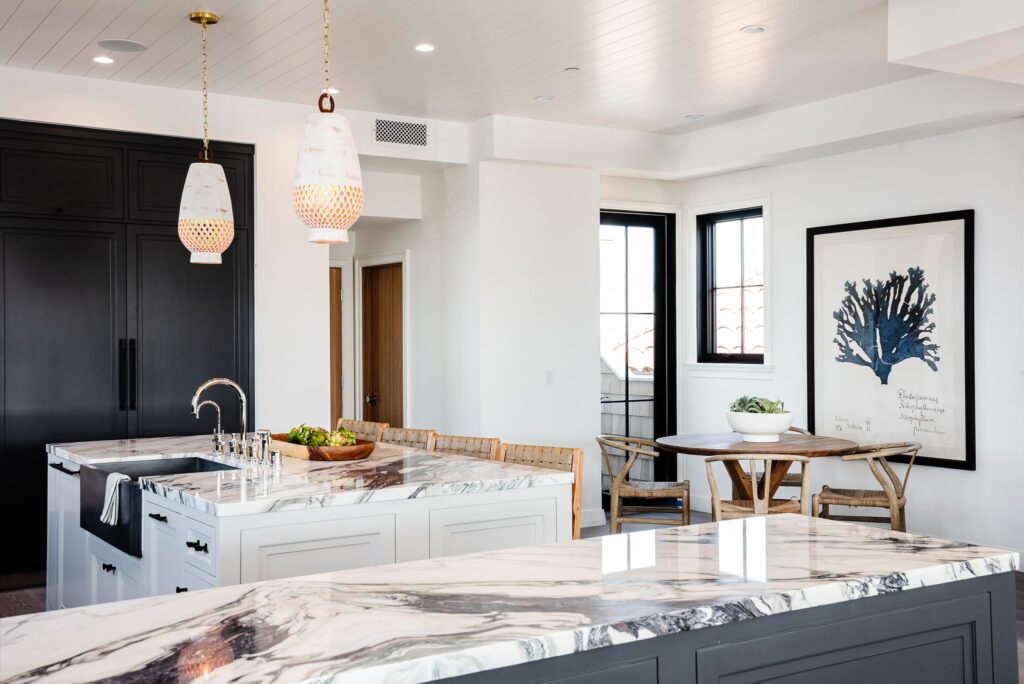 marble countertops in hermosa beach "east coast" style kitchen