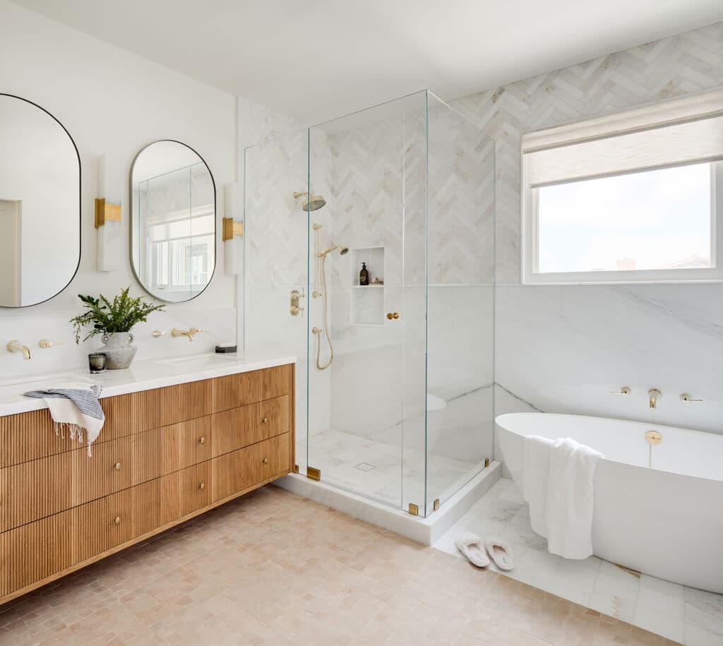 Primary bathroom in Manhattan Beach Elevated Coastal home built by RJ Smith Construction