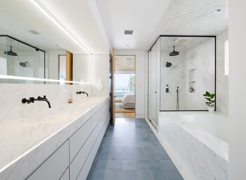 marble bathroom with soaking tub and shower built by RJ Smith Construction
