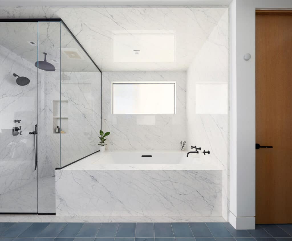 marble bathroom with soaking tub and shower built by RJ Smith Construction